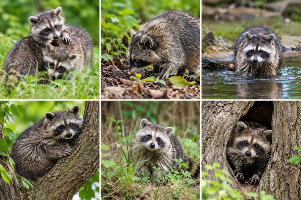 Sechs Fotos von Waschbären in ihrem natürlichen Lebensraum beim Spielen, Fressen, Baden und Klettern